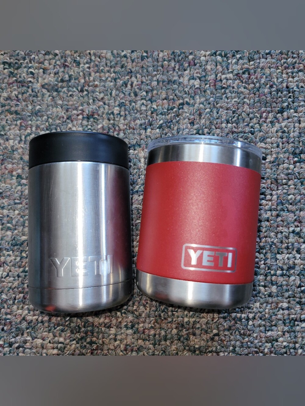 YETI Rambler Colster Can Insulator And red YETI Rambler 10 oz Lowball Set